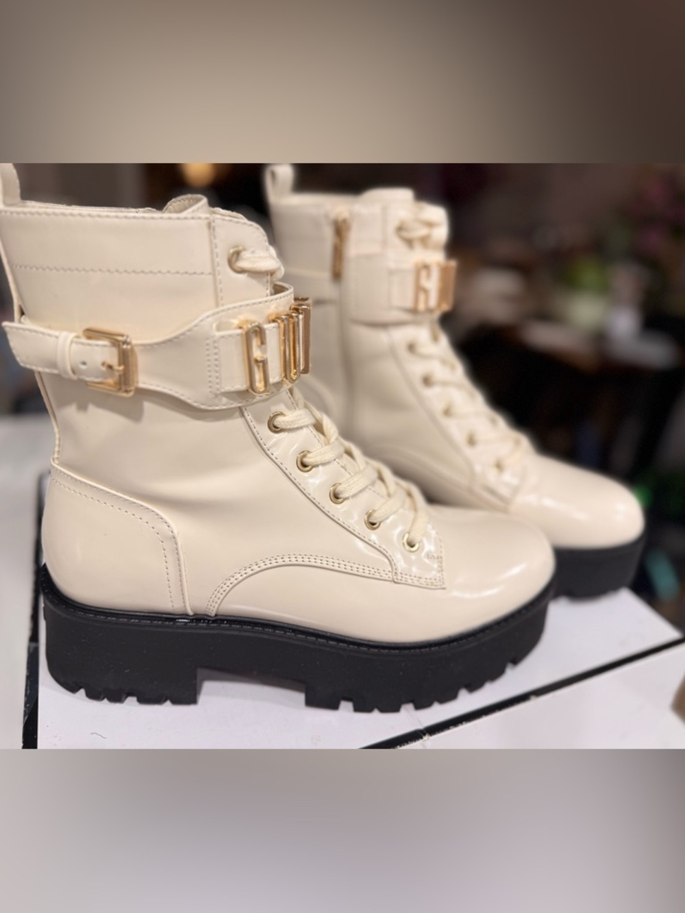 GUESS Cream Combat Boot with Black Lug Sole and Gold Logo Cuff - Picture 4 of 10